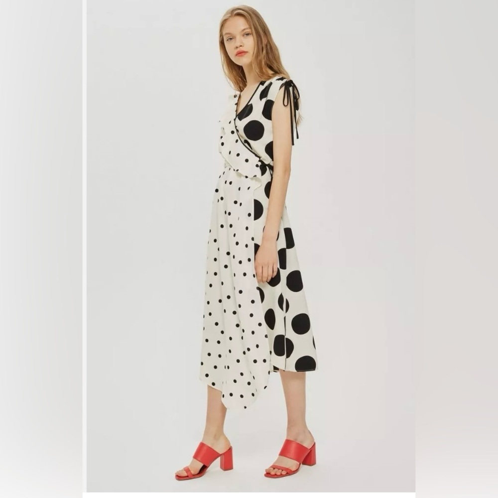 Topshop Mix Spot Ruched Midi Wrap Dress